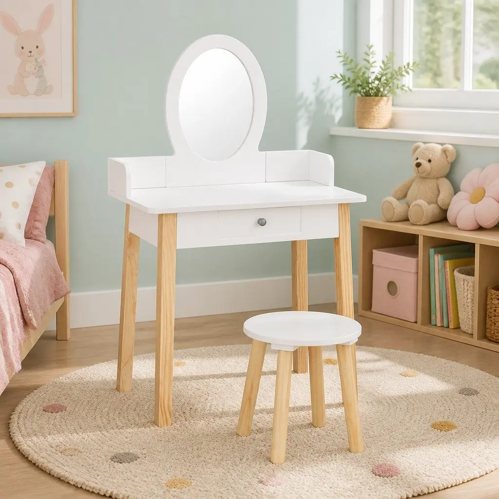 Kids Dressing Table Chair Set Wooden Leg Vanity Makeup Drawer Mirror White