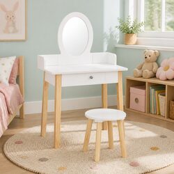 Kids Dressing Table Chair Set Wooden Leg Vanity Makeup Drawer Mirror White