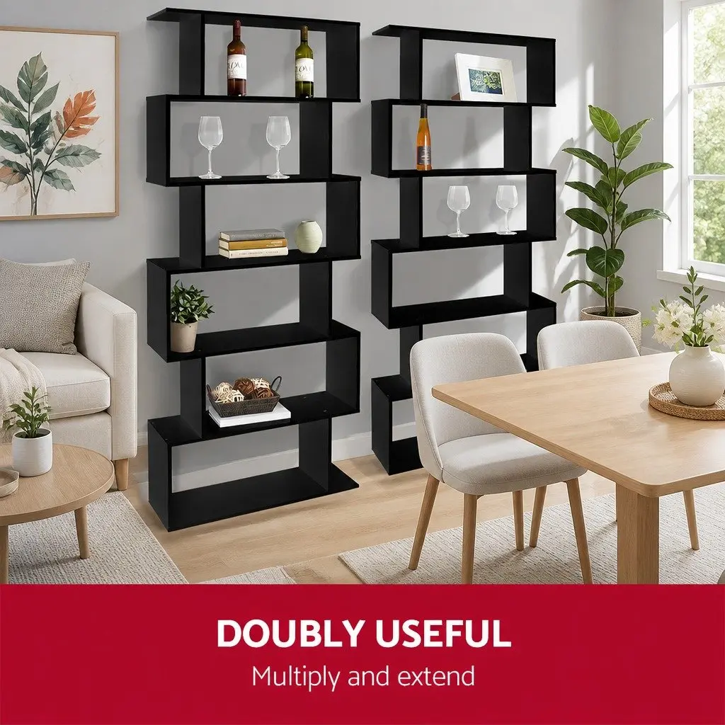 6-Tier Display Bookshelf S-Shape Storage Shelving Unit Black