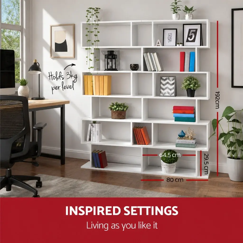 6-Tier Display Shelf White S-Shape Bookcase Living Room Storage Organiser
