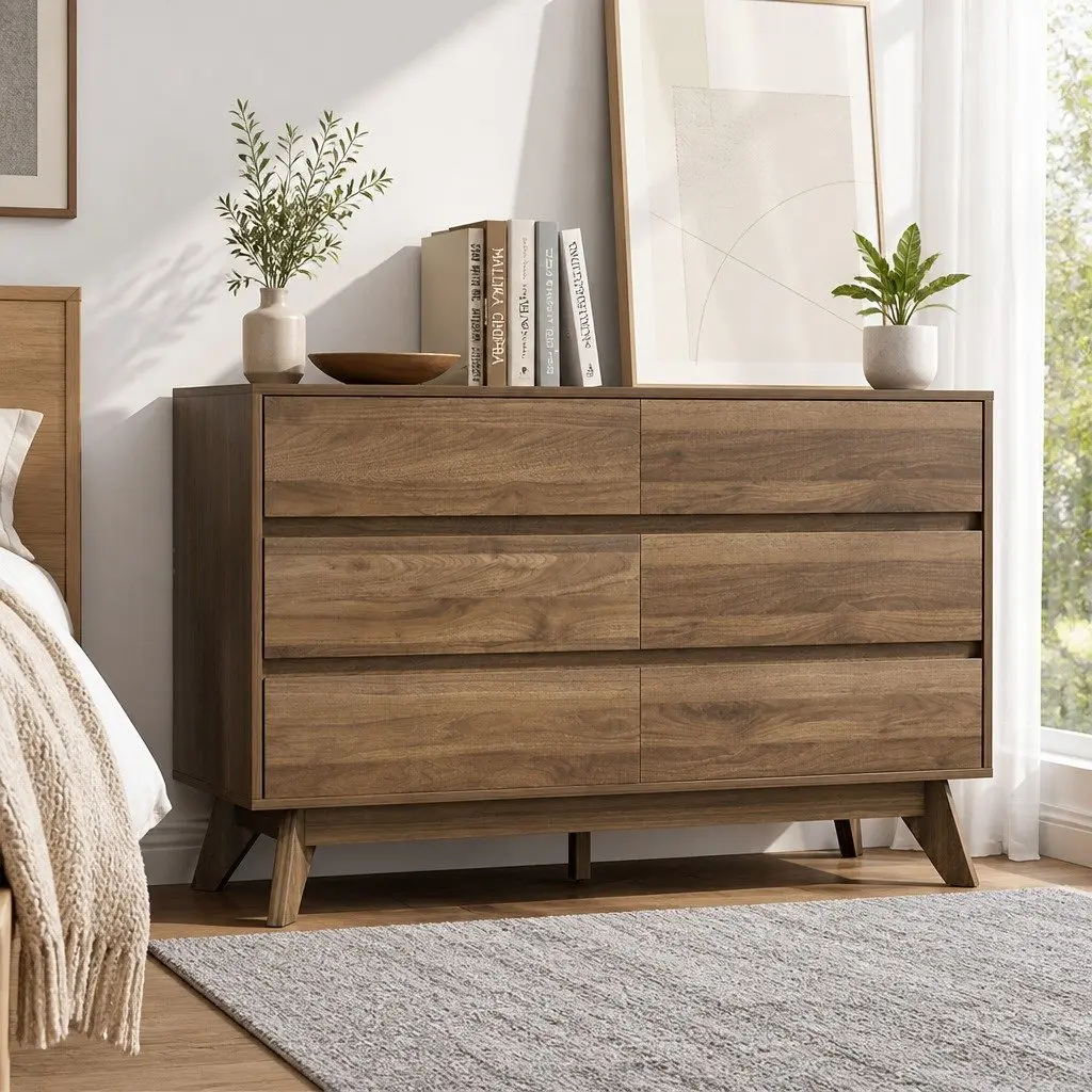Chest of Drawers 6 Drawer Tallboy Dresser Walnut Bedroom Storage Cabinet