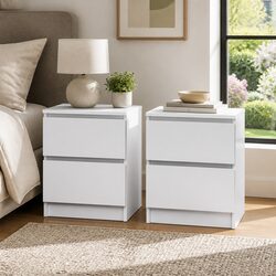 Bedside Table 2 Drawers White Modern Nightstand Bedroom Storage Furniture
