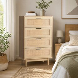 4 Drawer Tallboy Chest Storage Bedroom Furniture Rattan Pine Wood Design