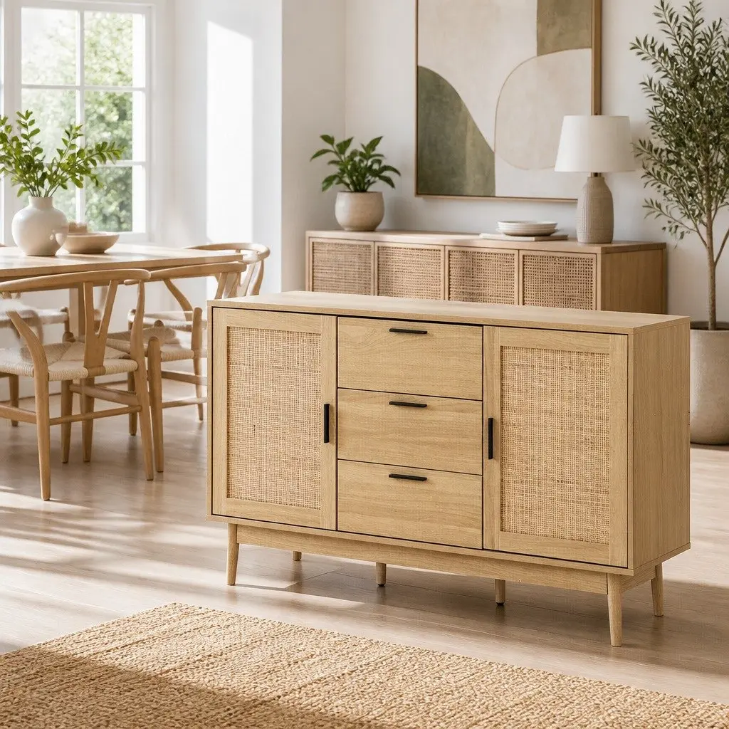 Rattan Buffet Sideboard Storage Cabinet with Drawers Adjustable Shelves Oak Wood