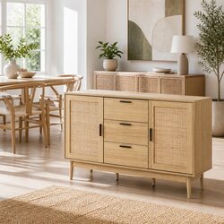 Rattan Buffet Sideboard Storage Cabinet with Drawers Adjustable Shelves Oak Wood