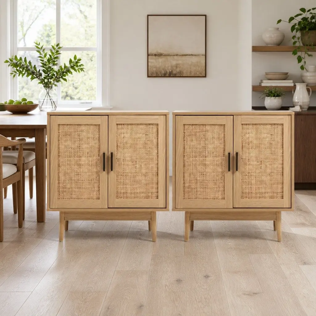 Buffet Sideboard Cabinet 2 Doors Storage Cupboard Rattan Kitchen Dining Room