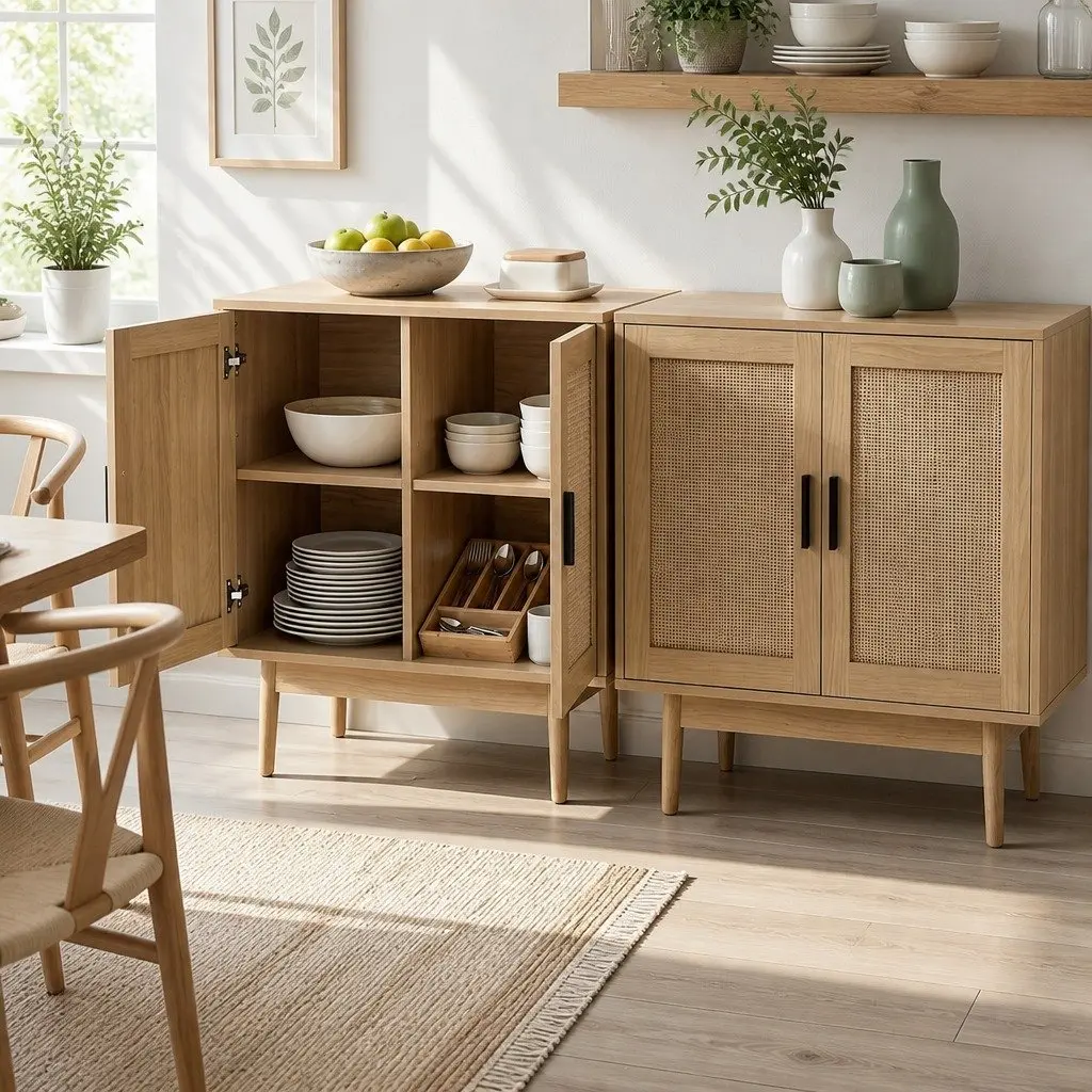 Buffet Sideboard Cabinet 2 Doors Storage Cupboard Rattan Kitchen Dining Room