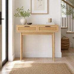 Console Table with 2 Rattan Drawers Light Wood Tone Storage Hallway Entry