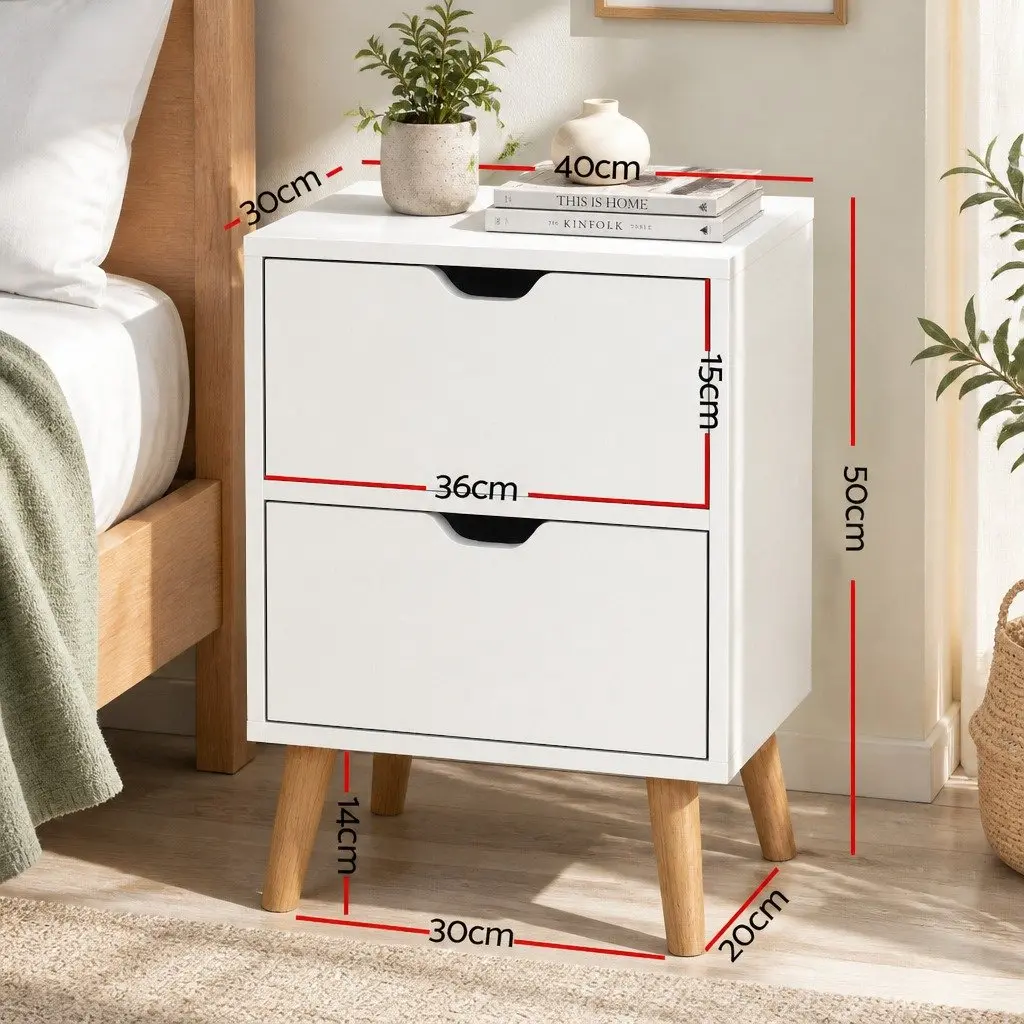 Bedside Table 2 Drawers White Modern Bedroom Storage Nightstand with Splayed