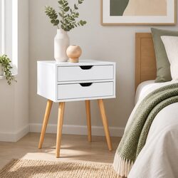 Bedside Table 2 Drawers White Scandinavian Design Bedroom Furniture Storage
