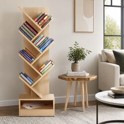 7 Tier Tree Bookshelf Storage Display Unit Freestanding Wall-Mounted Natural Oak
