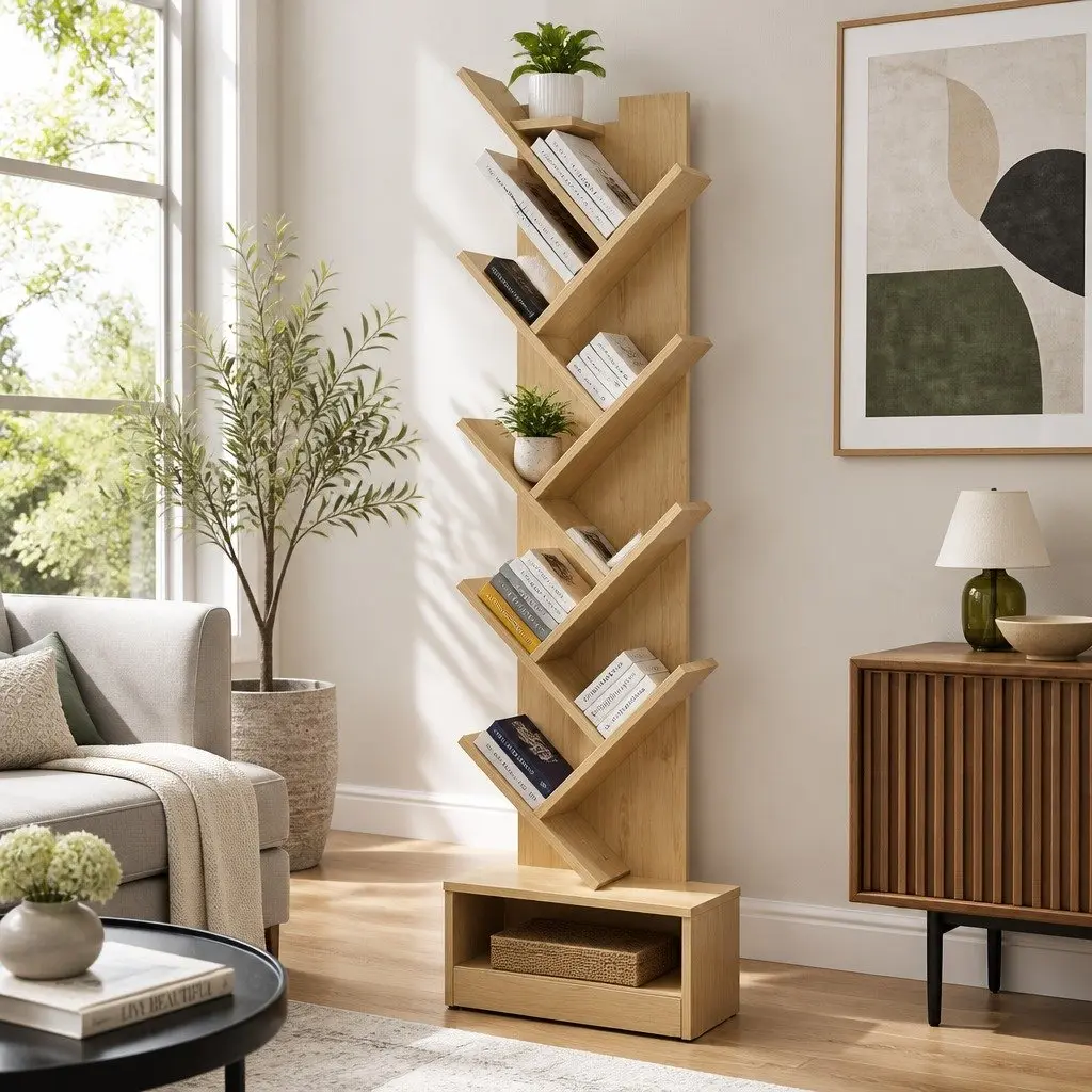 Tree Bookshelf 9 Tier Freestanding or Wall Mount Natural Pine Storage Display Organizer