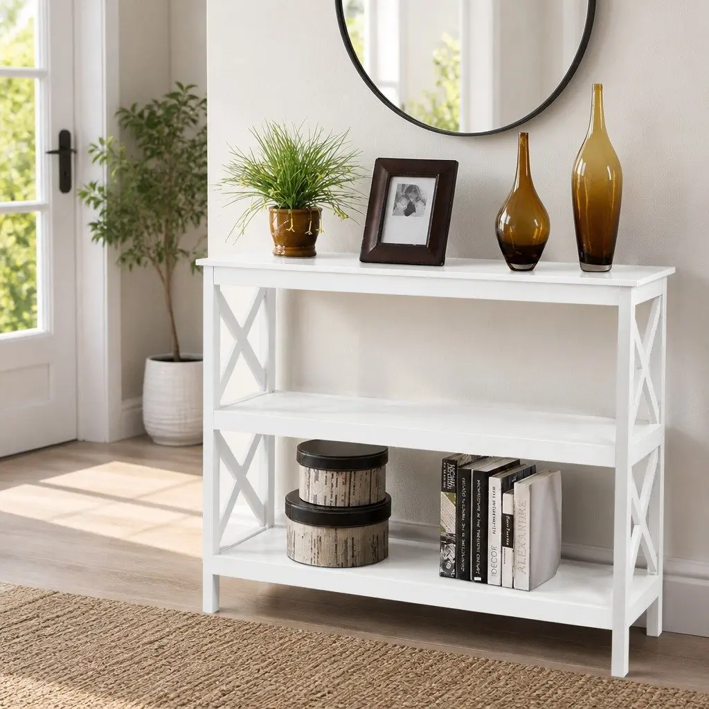 White 3-Tier Console Table Shelving Unit for Hallway and Living Room