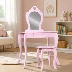 Kids Dressing Table Stool Set Vanity Mirror Makeup Drawer Pink Children