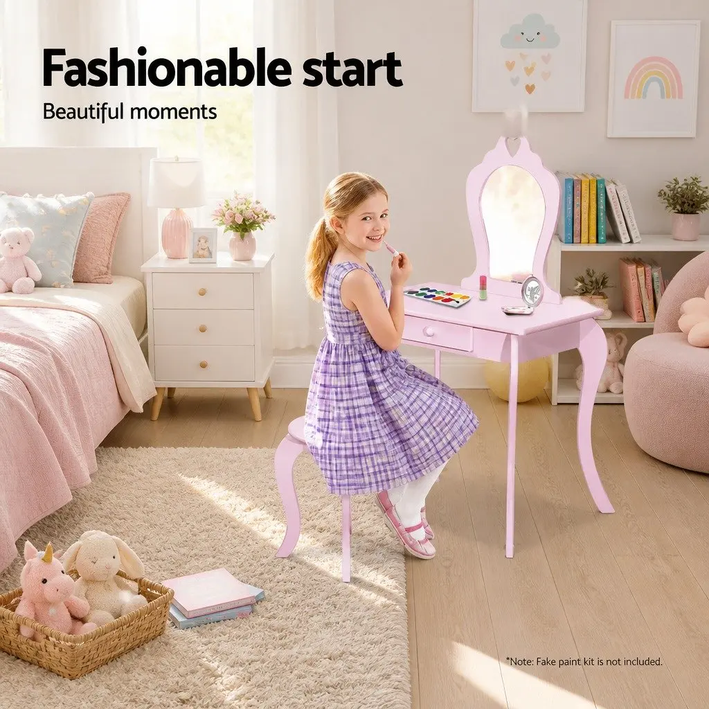 Kids Dressing Table Stool Set Vanity Mirror Makeup Drawer Pink Children