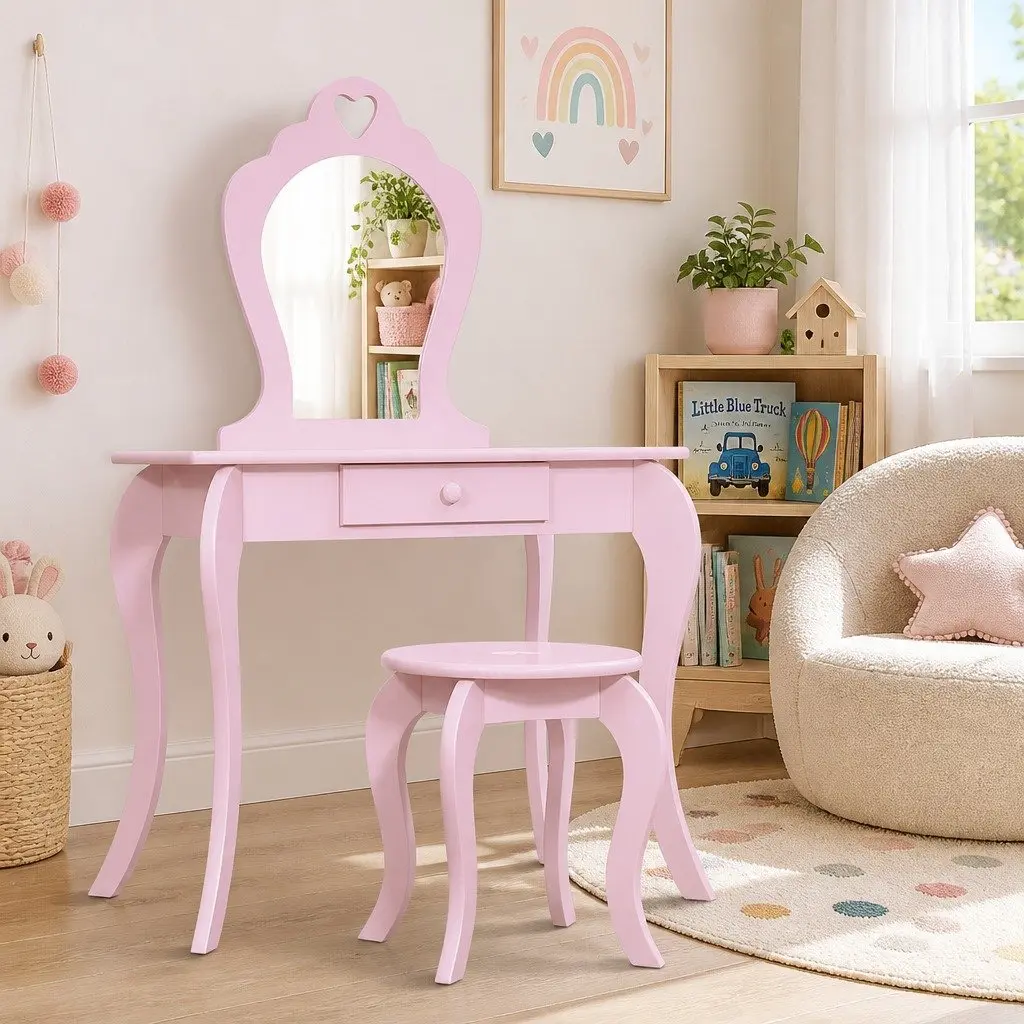 Kids Dressing Table Stool Set Vanity Mirror Makeup Drawer Pink Children