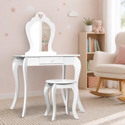 Kids Dressing Table Stool Set Vanity Mirror Makeup White Children Furniture