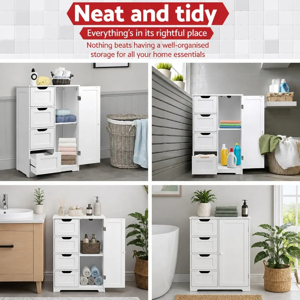 Bathroom Cabinet White Storage Drawers 2-Shelf Cupboard