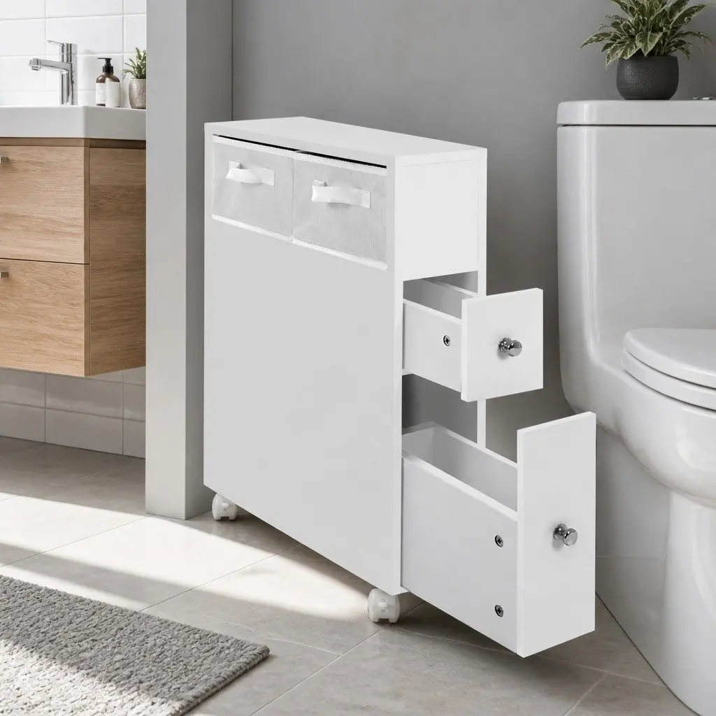 Bathroom Cabinet Storage Caddy with Drawers and Wheels White