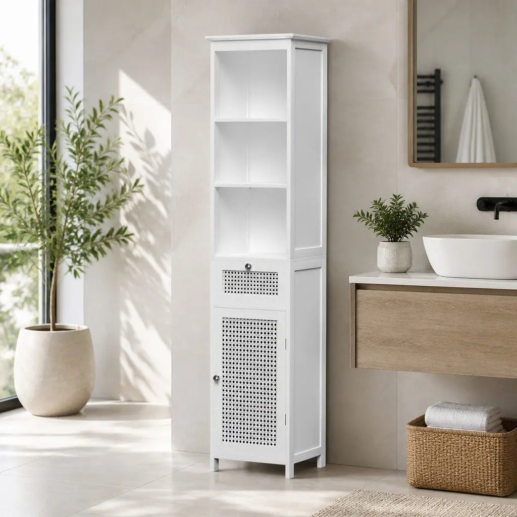 Bathroom Storage Cabinet 161cm White Rattan Tallboy Cupboard Toilet Organiser