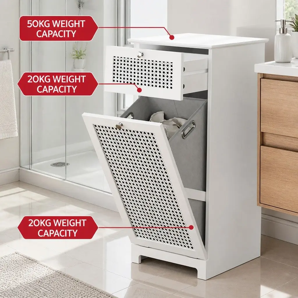 Laundry Hamper Cabinet Tilt-Out Storage White Rattan Clothes Basket Organiser