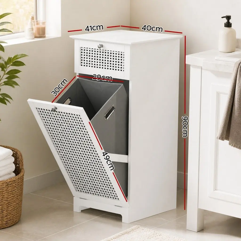 Bathroom Storage Cabinet Tilt-Out Laundry Hamper White Rattan Organiser Drawer