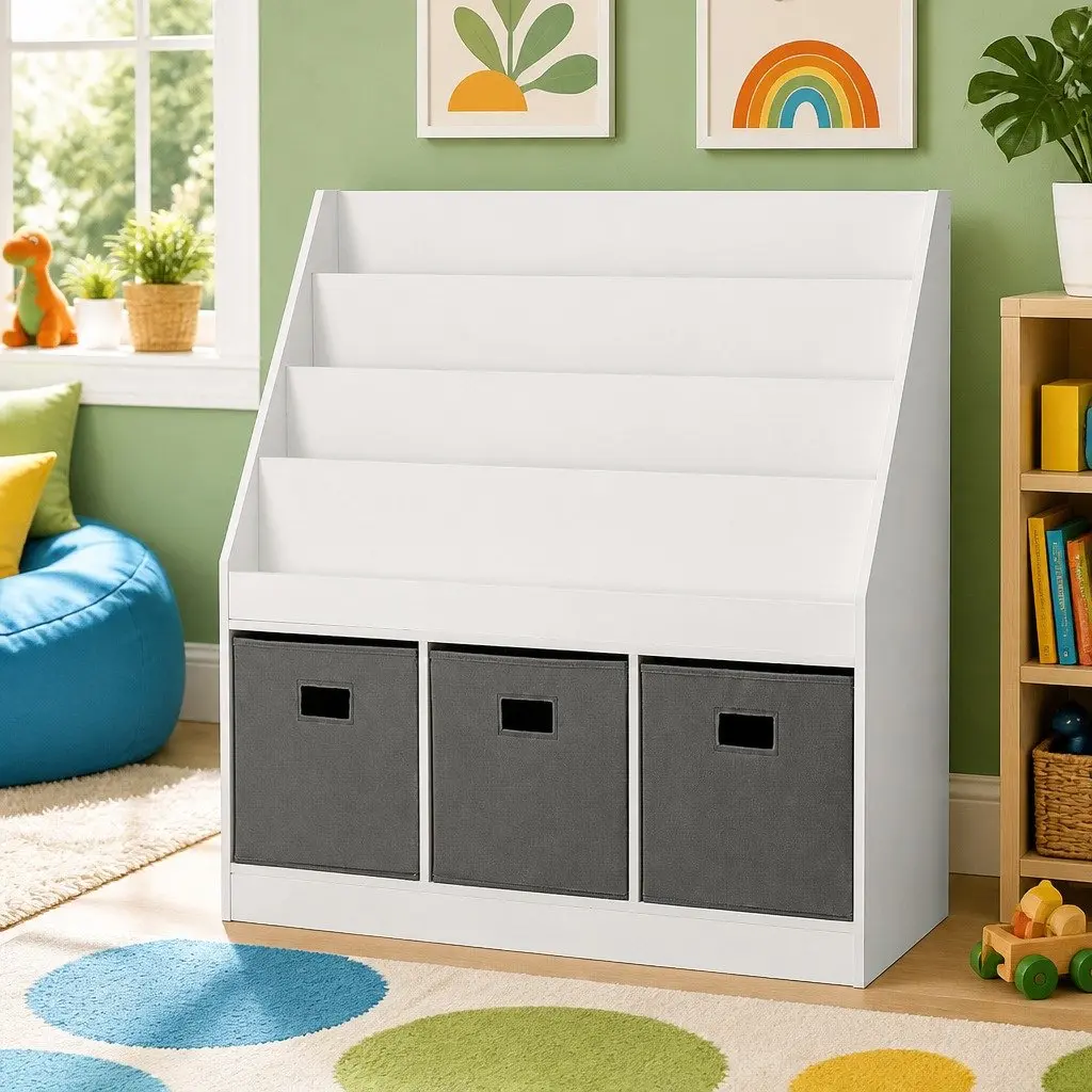 Kids Bookshelf 4 Tier Storage Organiser Toy Box Shelf Magazine Rack Display Unit