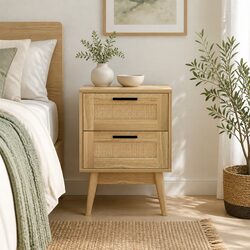Rattan Bedside Table 2 Drawers Wood Open Shelf Storage Bedroom Furniture