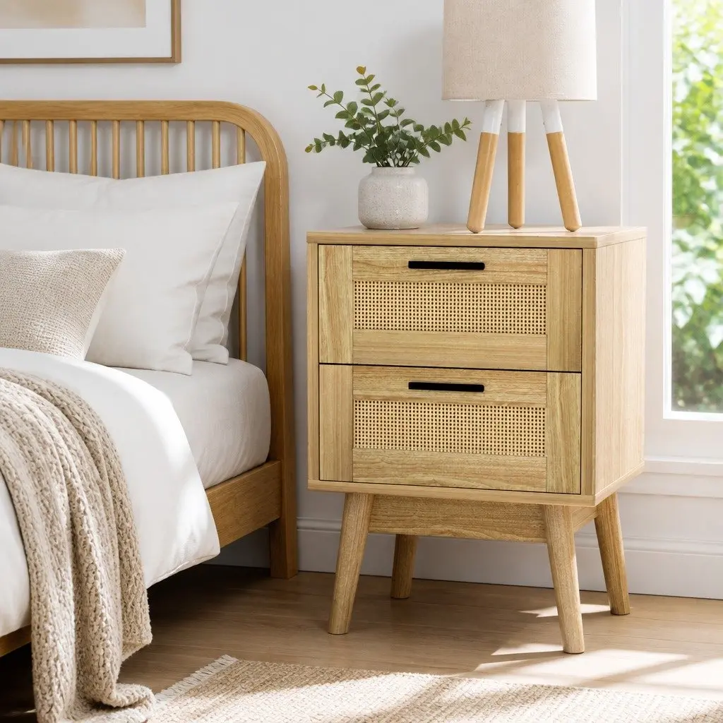 Rattan Bedside Table Two Drawers Open Shelf Wood Storage Bedroom Furniture