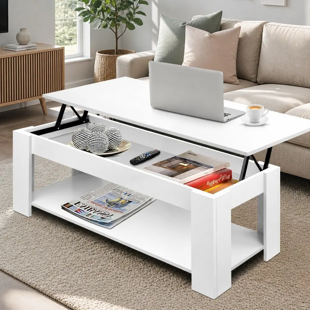Lift-Top Coffee Table White Storage Space-Saving Living Room Furniture Hidden