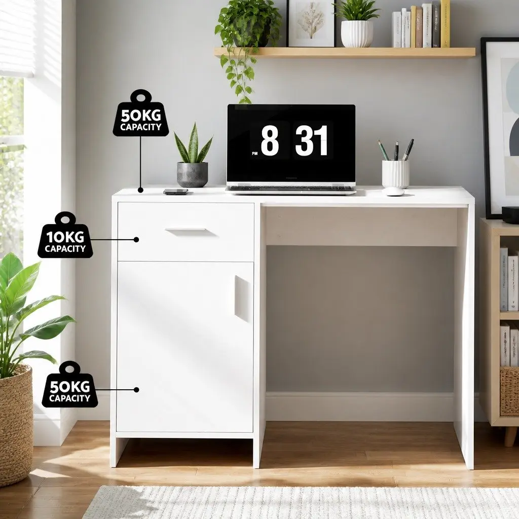 Computer Desk Office Chair Set 100cm White Engineered Wood PU Leather Adjustable Height