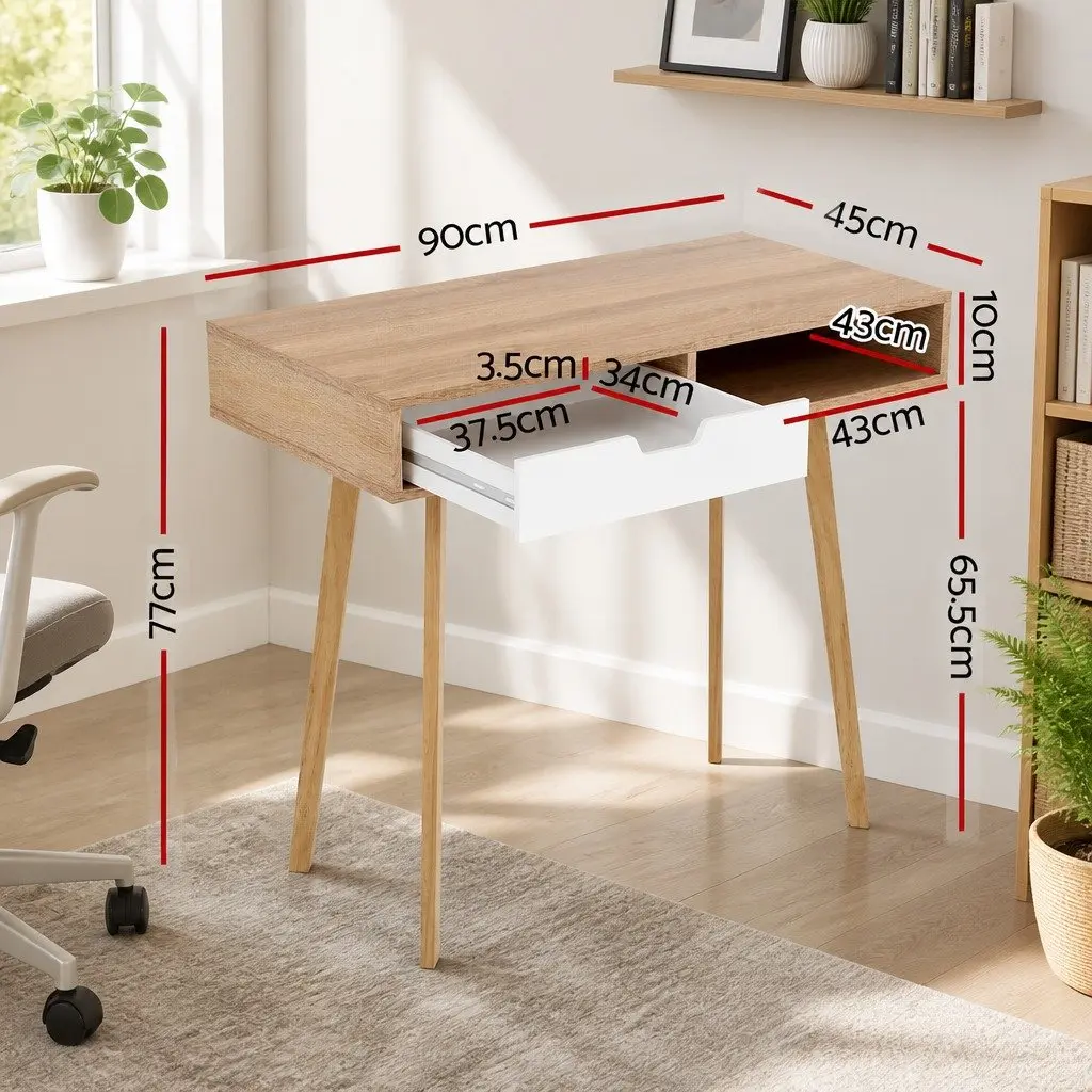 Computer Desk with Drawer and Shelf 90cm Oak and White Office Workstation