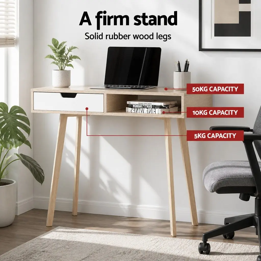 Computer Desk with Drawer and Shelf 90cm Oak and White Office Workstation