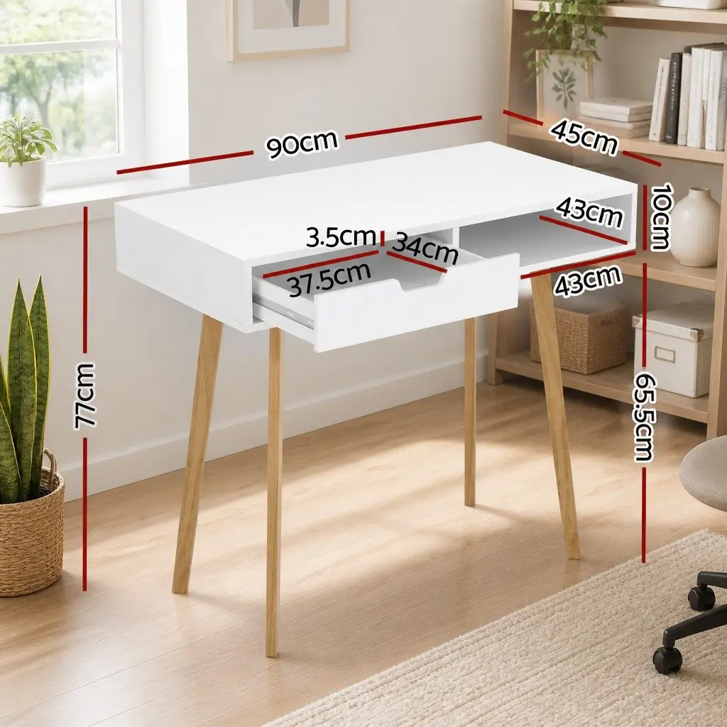 Computer Desk with Drawer Shelf Storage 90CM White Oak