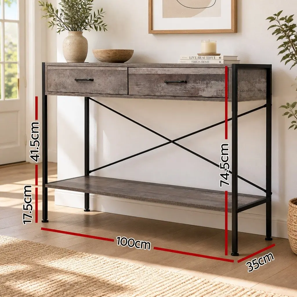 Console Table Rustic Storage Two Drawers Bottom Shelf Particle Board