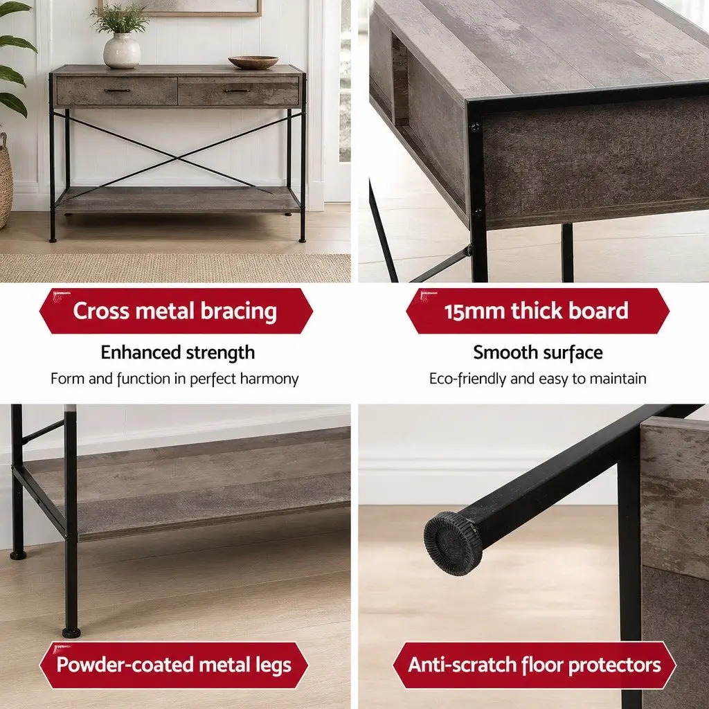 Console Table Rustic Storage Two Drawers Bottom Shelf Particle Board