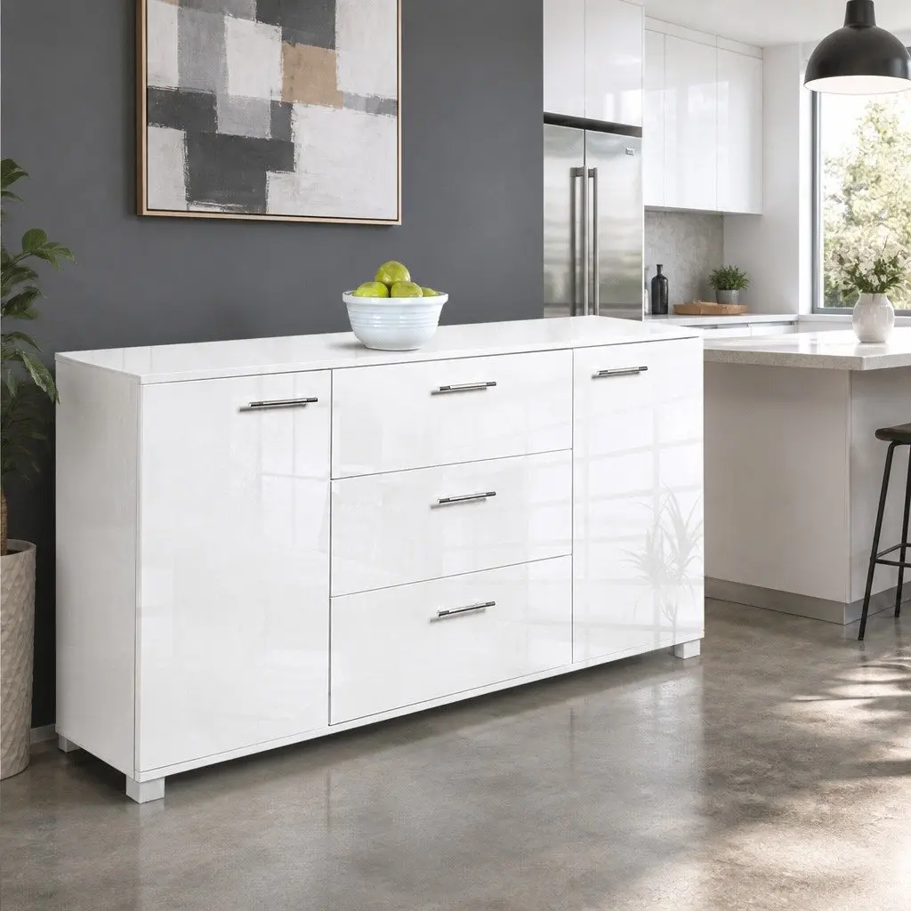 Buffet Sideboard High Gloss Modern Storage Cabinet with Drawers White