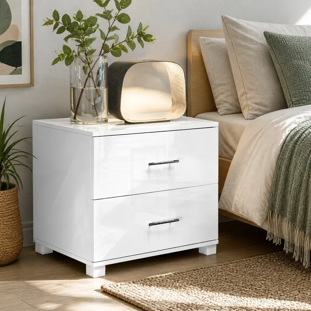 Bedside Table Modern Storage Cabinet 2 Drawers White High Gloss