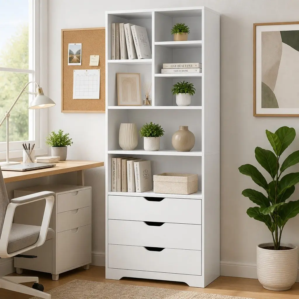 Display Bookshelf with Drawers 7 Shelves White Storage Cabinet