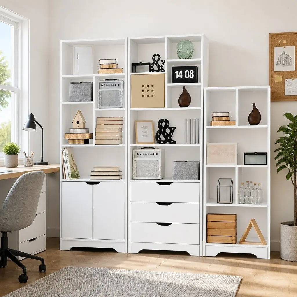 Display Bookshelf with Drawers 7 Shelves White Storage Cabinet