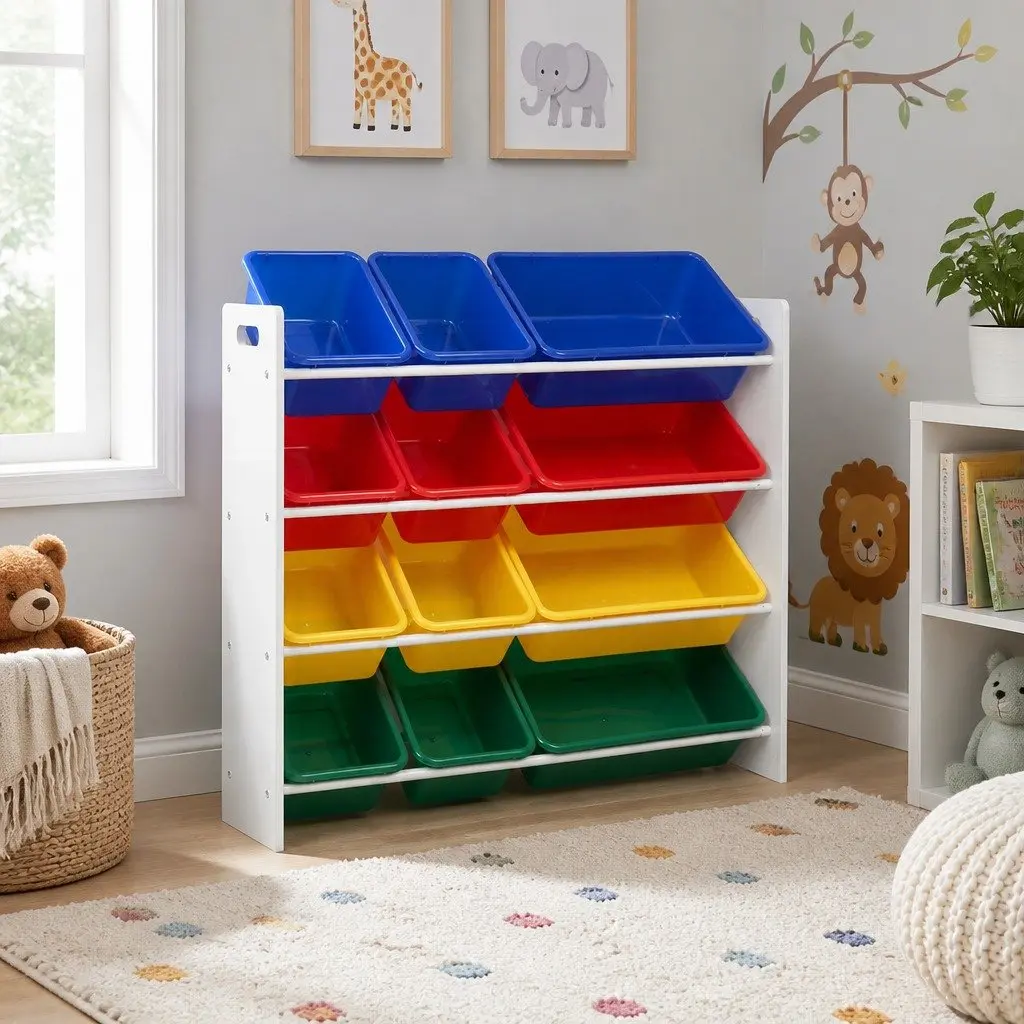 Kids Toy Box Storage Organiser 12 Bins Bookshelf 4-Tier Rack Colourful