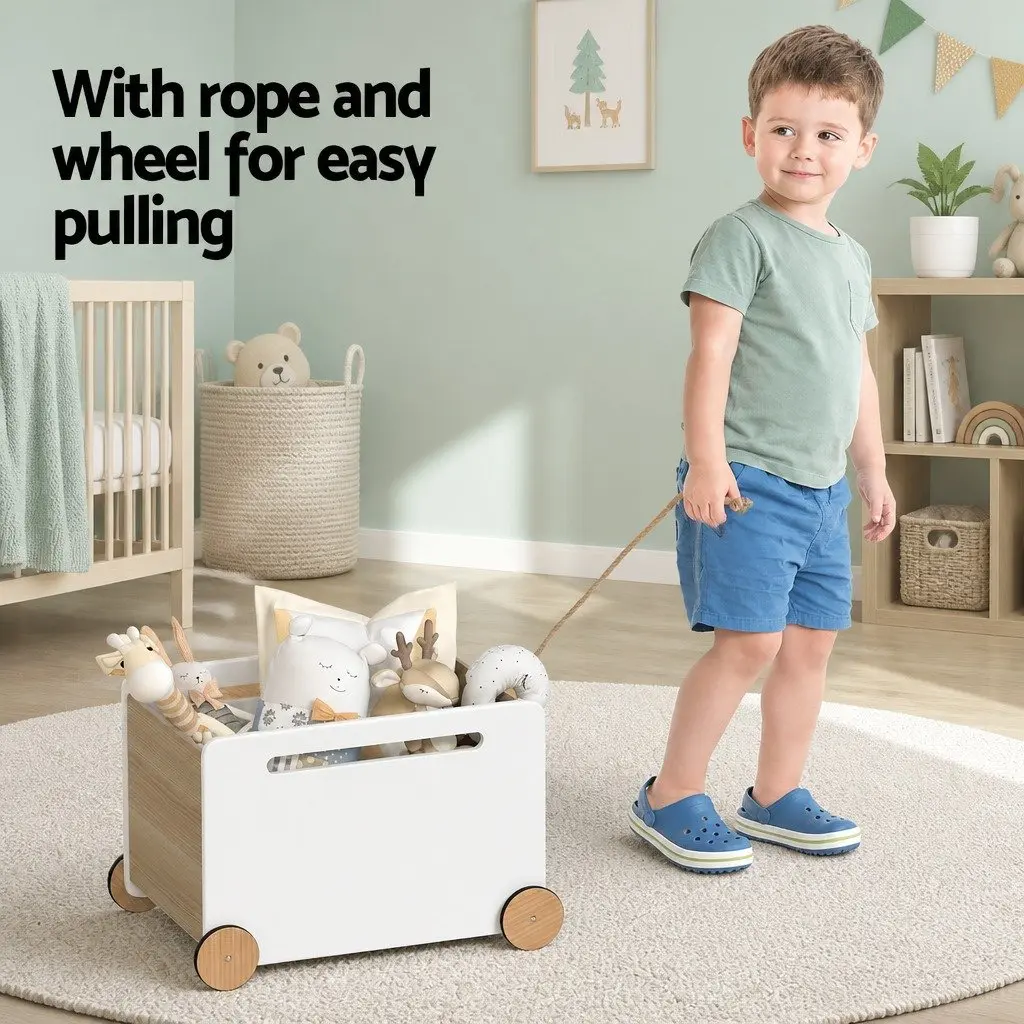 Toy Box Storage Container Portable White with Wheels and Rope for Kids