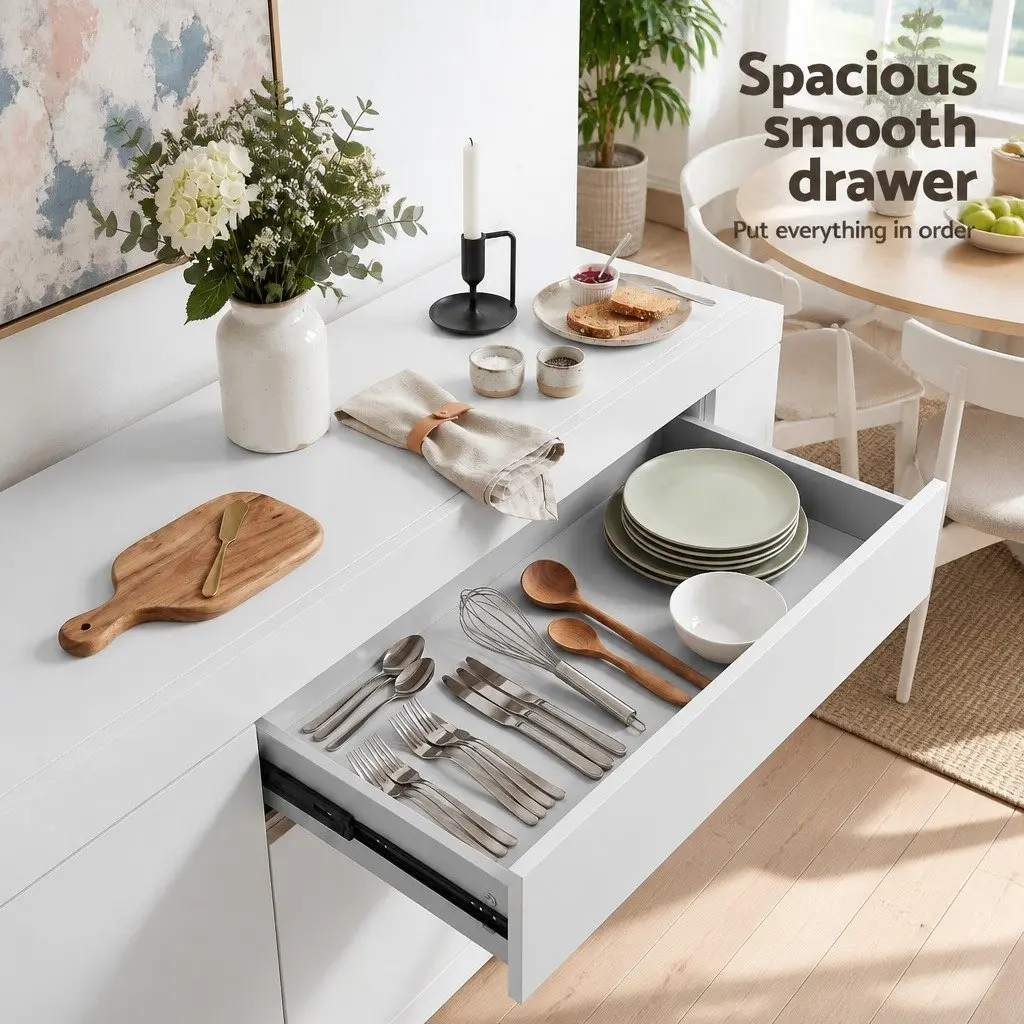 Buffet Sideboard Cabinet 180cm White Storage Cupboard Pantry Drawer Push-Open