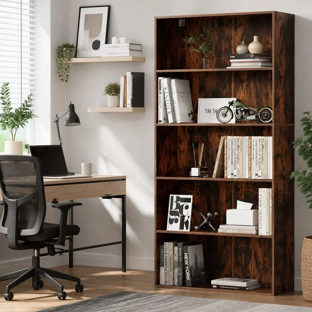 5-Tier Bookshelf Brown Storage Shelves Display Cabinet Living Room Organiser