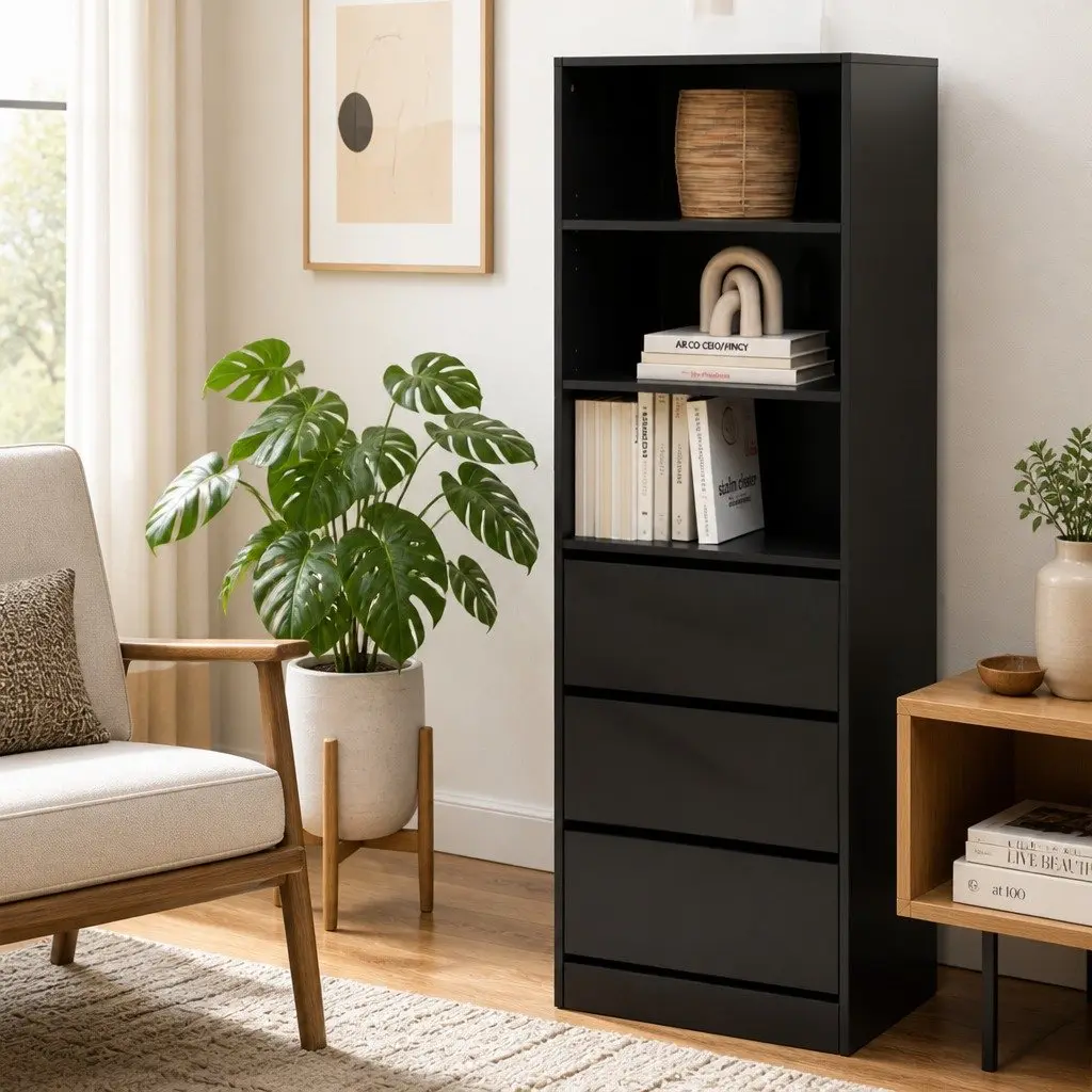 Chest of Drawers Tallboy Cabinet 3 Shelves Storage Bedroom Dresser Black