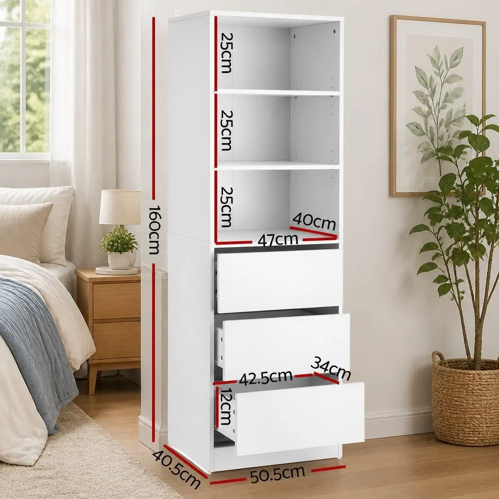 3 Drawer Chest of Drawers Tallboy Storage Cabinet White Bedroom Dresser