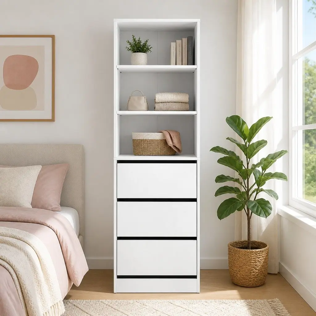 3 Drawer Chest of Drawers Tallboy Storage Cabinet White Bedroom Dresser