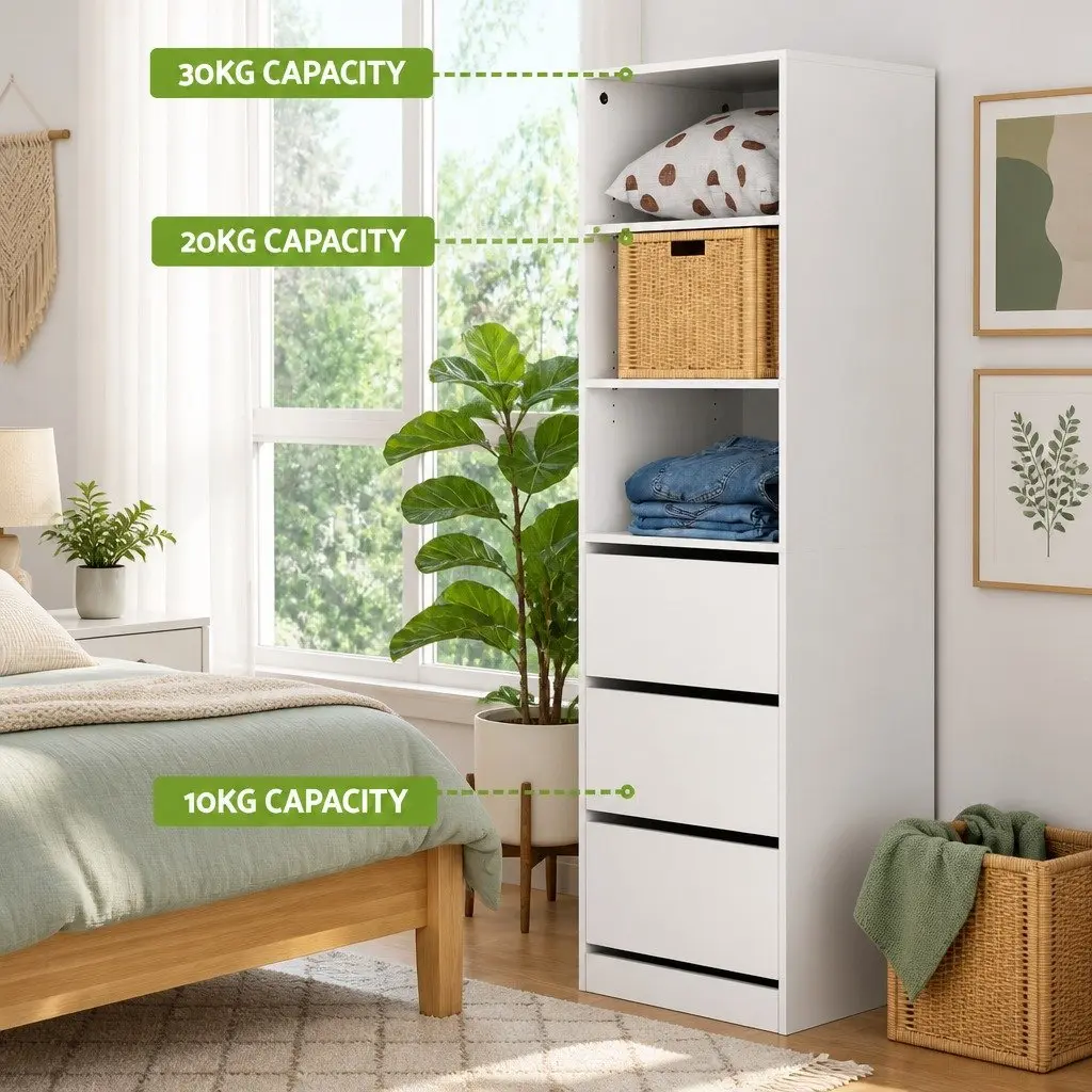 3 Drawer Chest of Drawers Tallboy Storage Cabinet White Bedroom Dresser