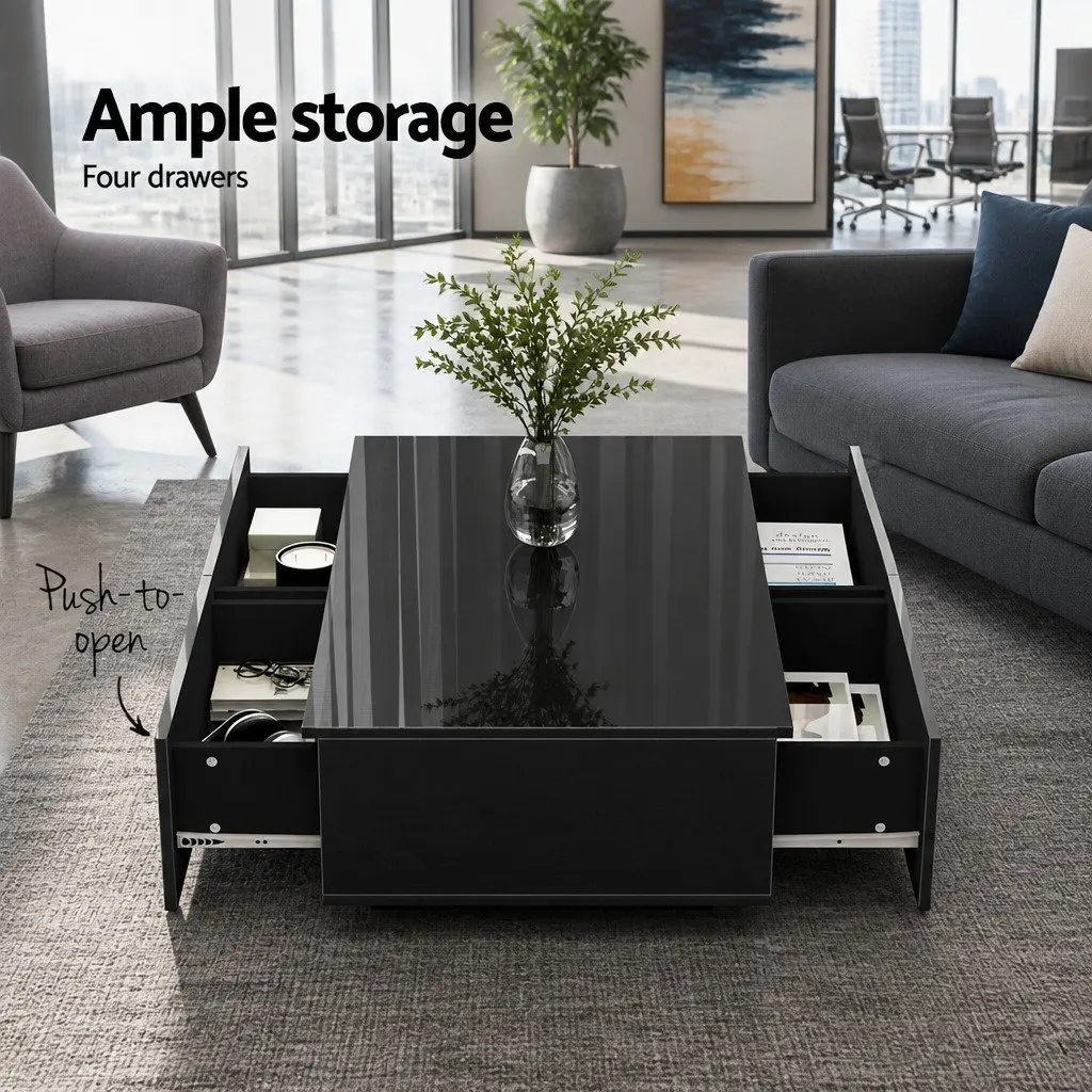Coffee Table with 4 Drawers Black Modern Living Room Storage Furniture
