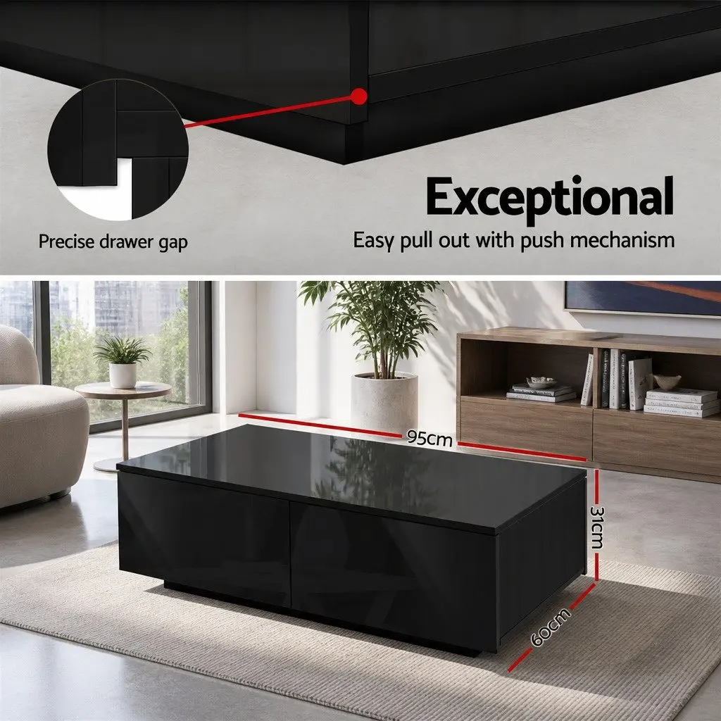 Coffee Table with 4 Drawers Black Modern Living Room Storage Furniture